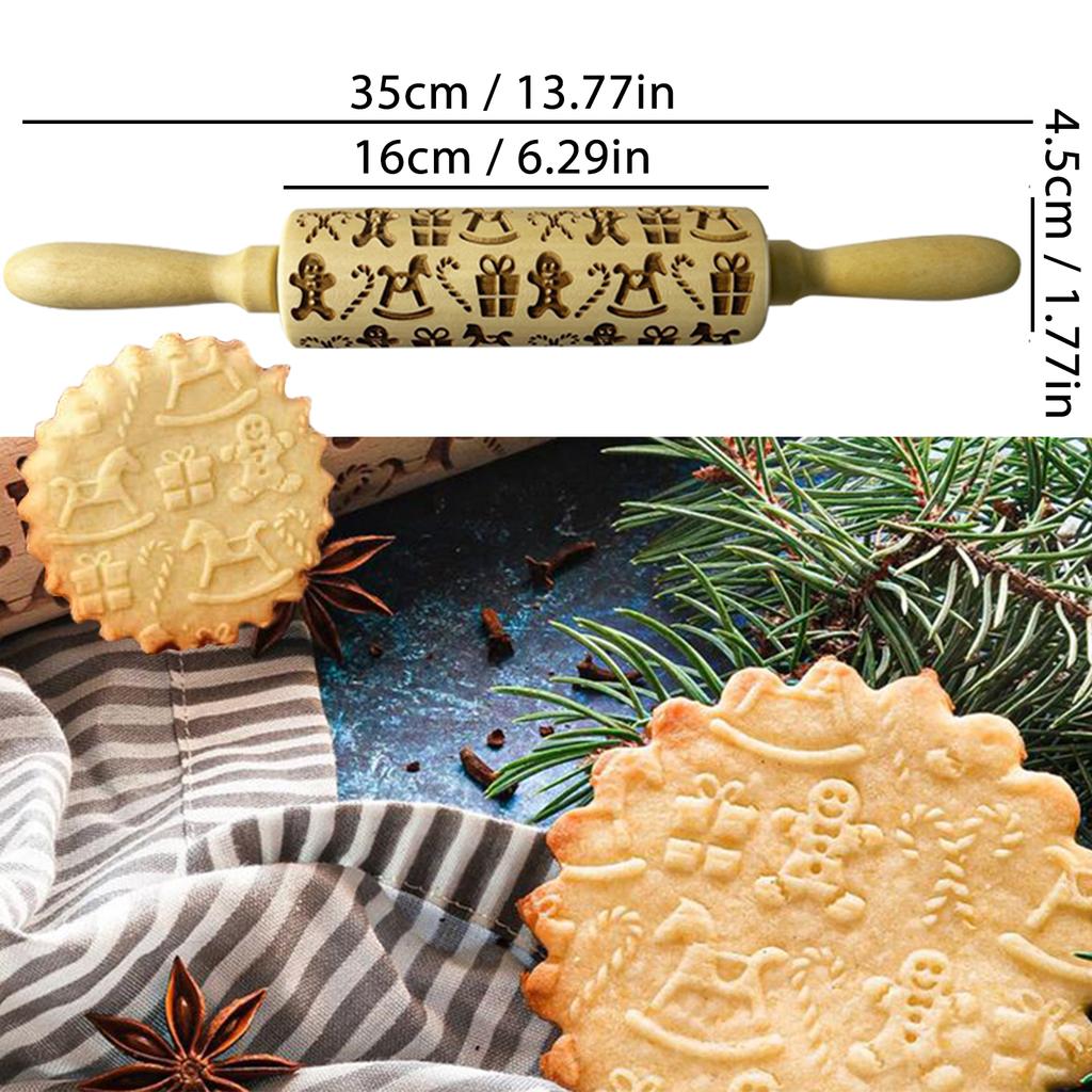 Wooden Rolling Pin for Christmas, 3D DIY Engraved Embossing Rolling Pins with Xmas Reindeer Flower Pattern, for Baking Cookies
