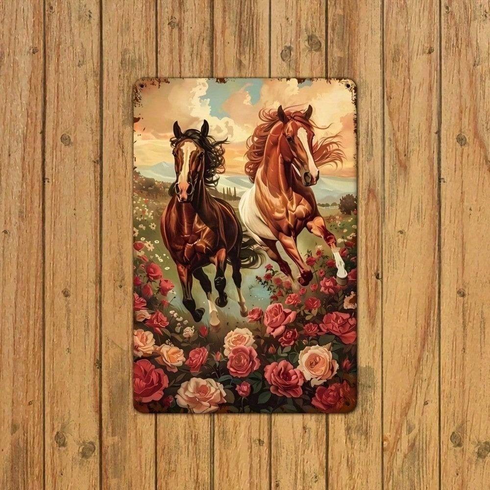 Affiche Métal Rose Cheval Vintage 20x30cm Art Mural Bar