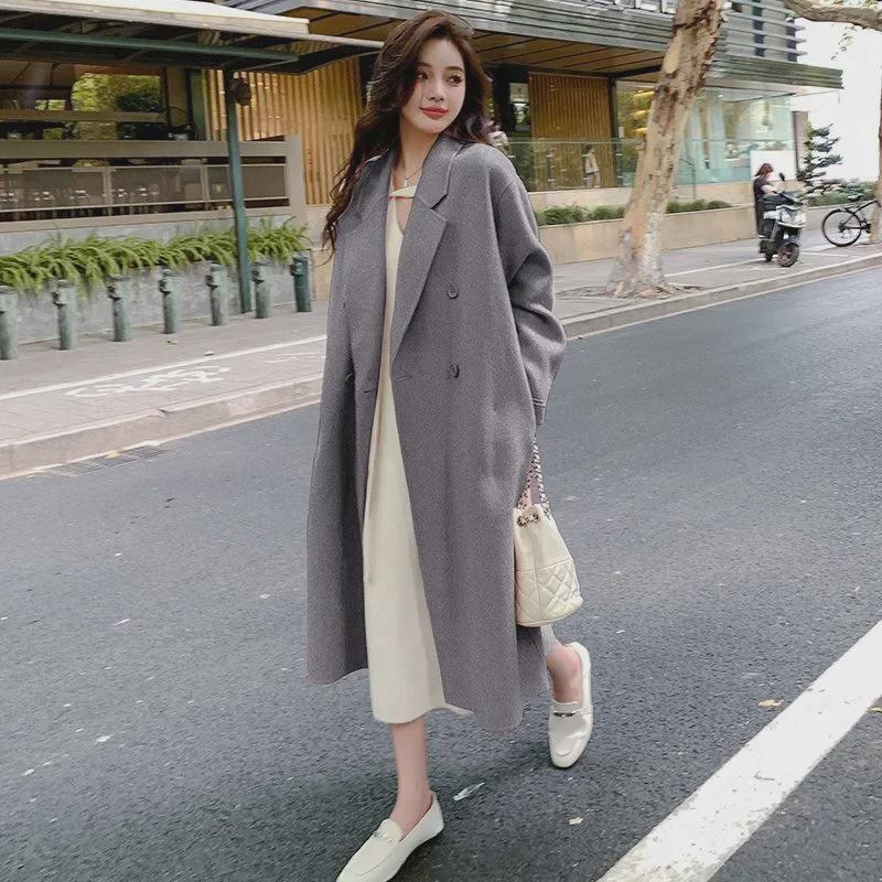 Women's Pink Woolen Mid-Length Loose-Fit Coat - 2023 Autumn/Winter Korean Hepburn Style