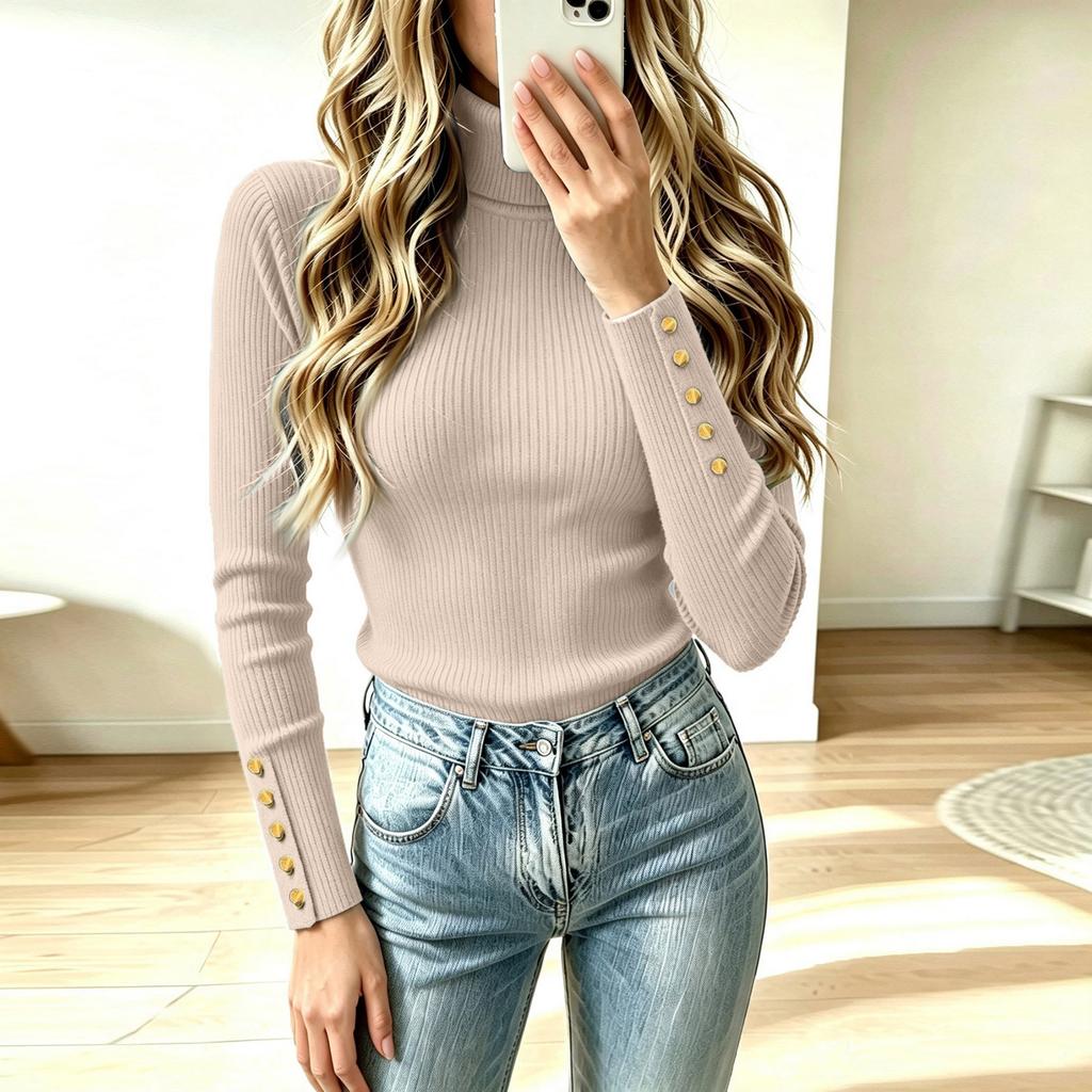 Women's High Neck Pullover Knit Sweater with Decorative Buttons - Casual Winter Fashion Top