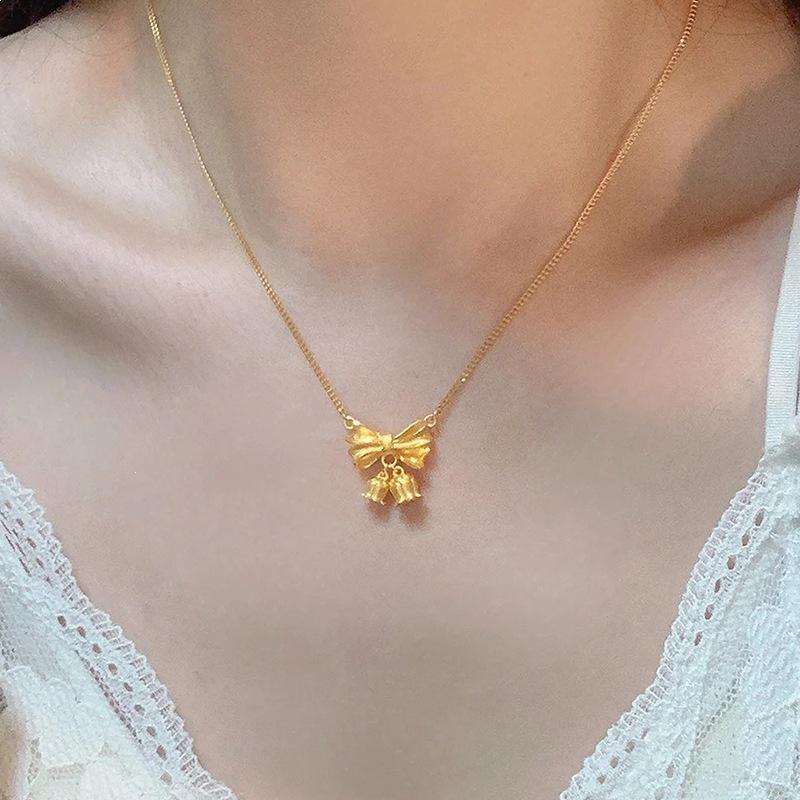 18K Gold Lily Flower Bow Necklace - Elegant Clavicle Chain for Women