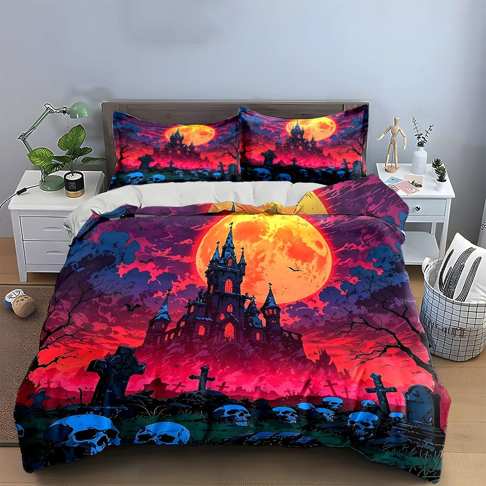 Haunted Castle And Graveyard Scene Exquisite Three-Piece Bedding Set Gift For Kids And Adults