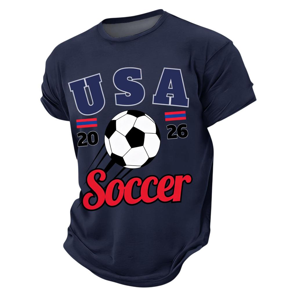 Men’s Casual Crew Neck Printed Short Sleeve Lightweight Breathable Top with USA 2026 Soccer Letter Graphic Design