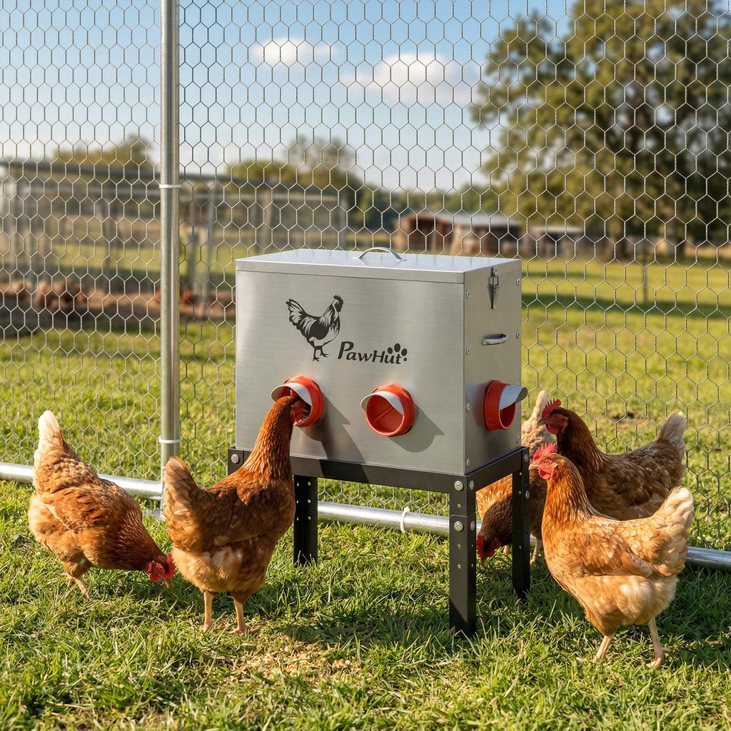 Automatic Chicken Feeder 27L, 6 Ports, Adjustable Height, Lockable Lid, 42x25x55cm, Steel, Silver