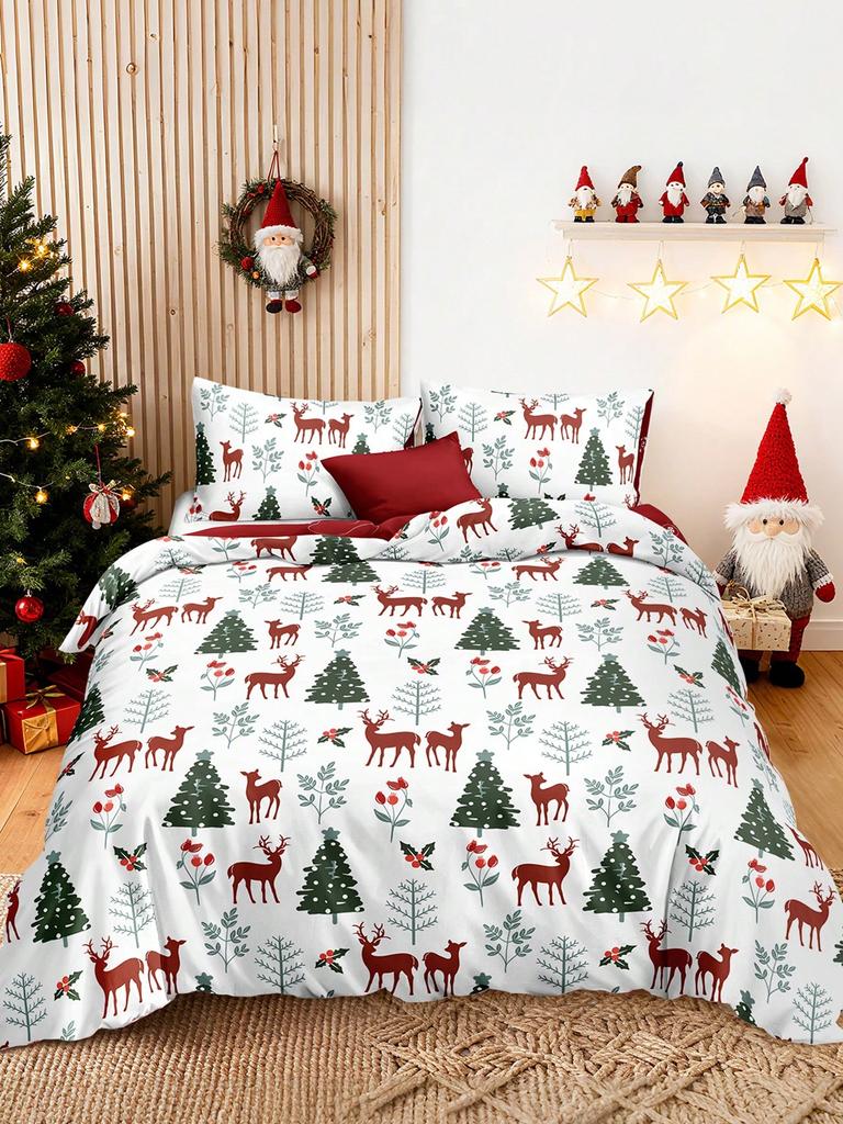 3-teiliges/Set Weihnachten Rotes Karomuster Weihnachtsmann Schneeflocken-Druck Bettbezug-Set(1 Bettbezug und 2 Kissenbezüge.)Weich und hautfreundlich