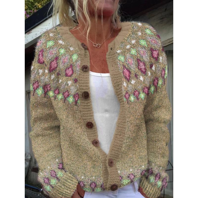 Womens Color Block Knit Cardigan Loose Fit Long Sleeve Geometric Casual Commute Style