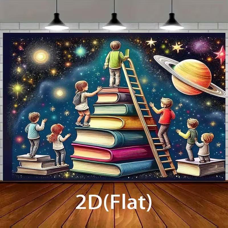 2D Stars and Books Kids Backdrop, 2D Reading To Space Decor