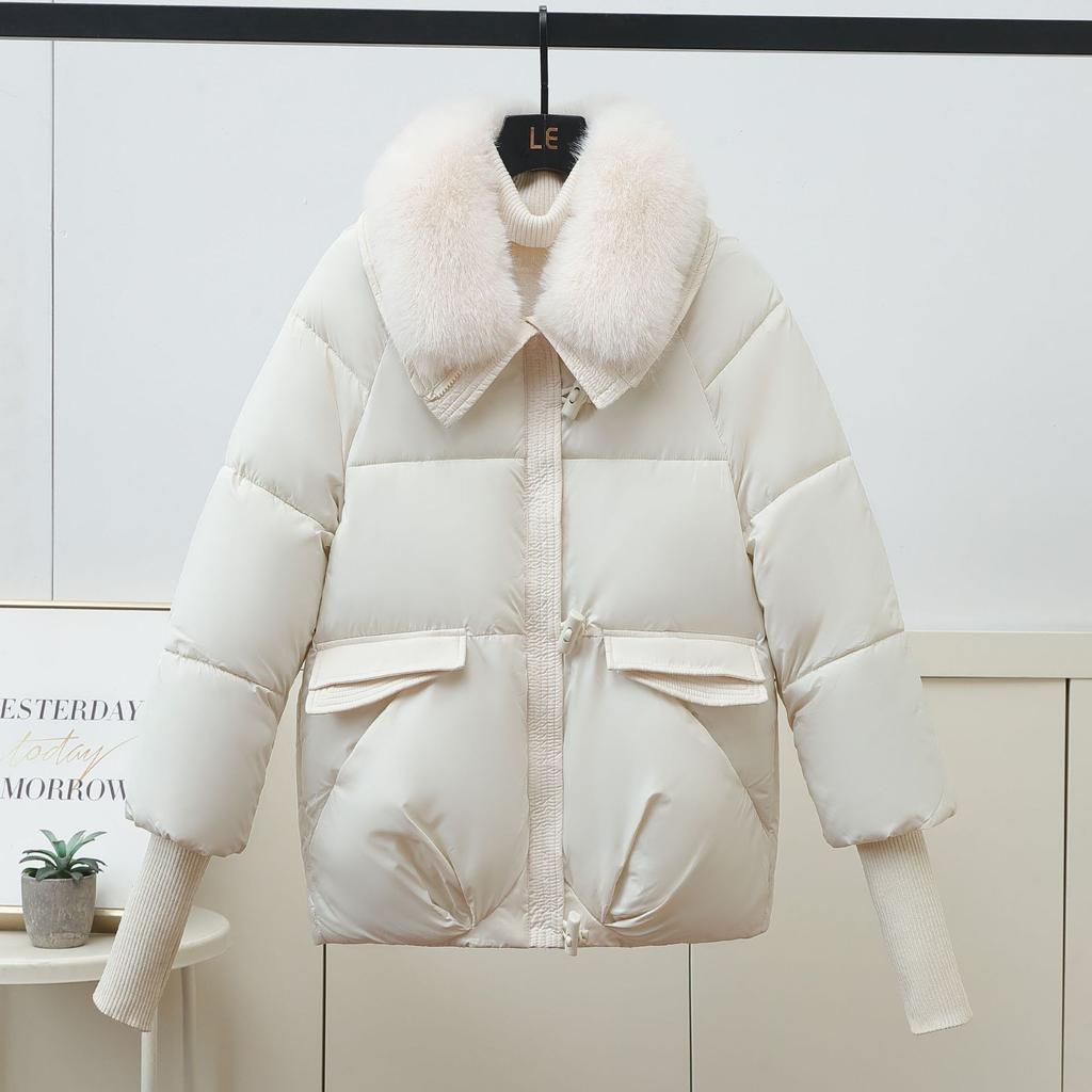 Großformatige Baumwollwattierte Jacke mit Fuchsfellkragen für Damen, Kurze Dicke Baumwollwattierte Jacke für Herbst und Winter