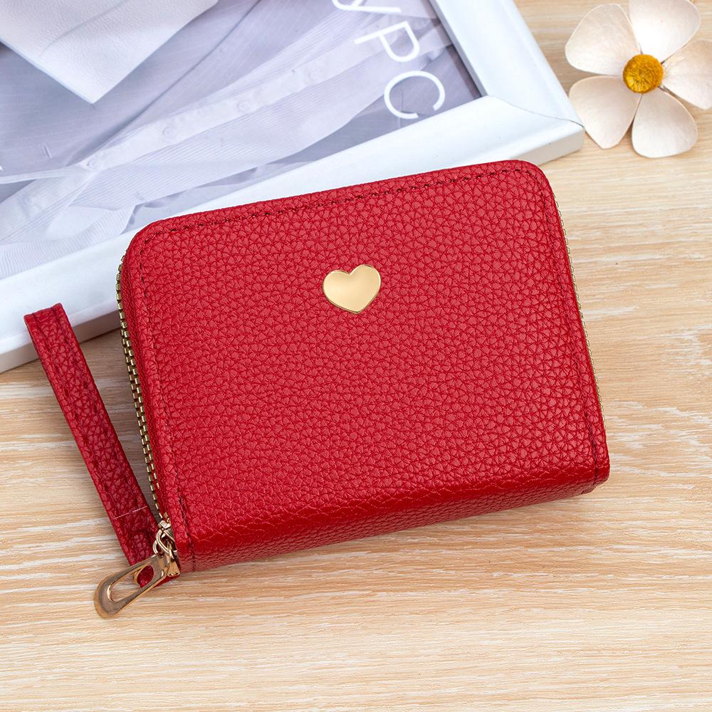 Compact Women's Heart Double Zipper Wallet with Card Slots and Hand Strap