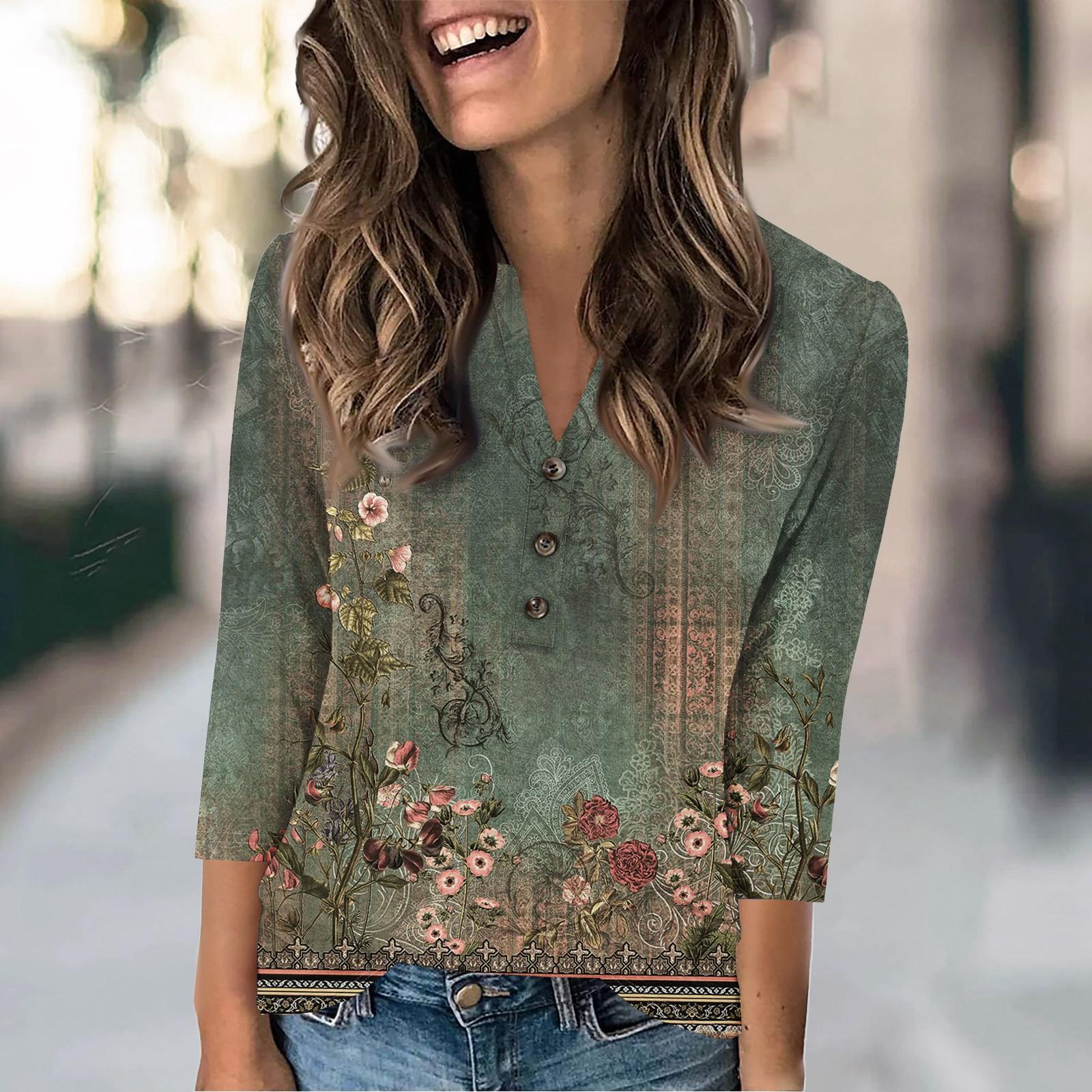 

Женская модная повседневная футболка в стиле ретро с градиентным принтом, V-образным вырезом и рукавом семь четвертей на пуговицах S зелёный