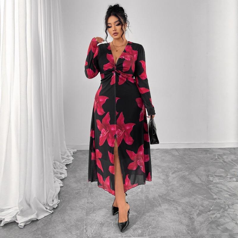 

Платье с цветочным принтом, Летнее платье высокого класса с приталенной талией и стройнящим эффектом, Французское платье макси с V-образным вырезом 2XL