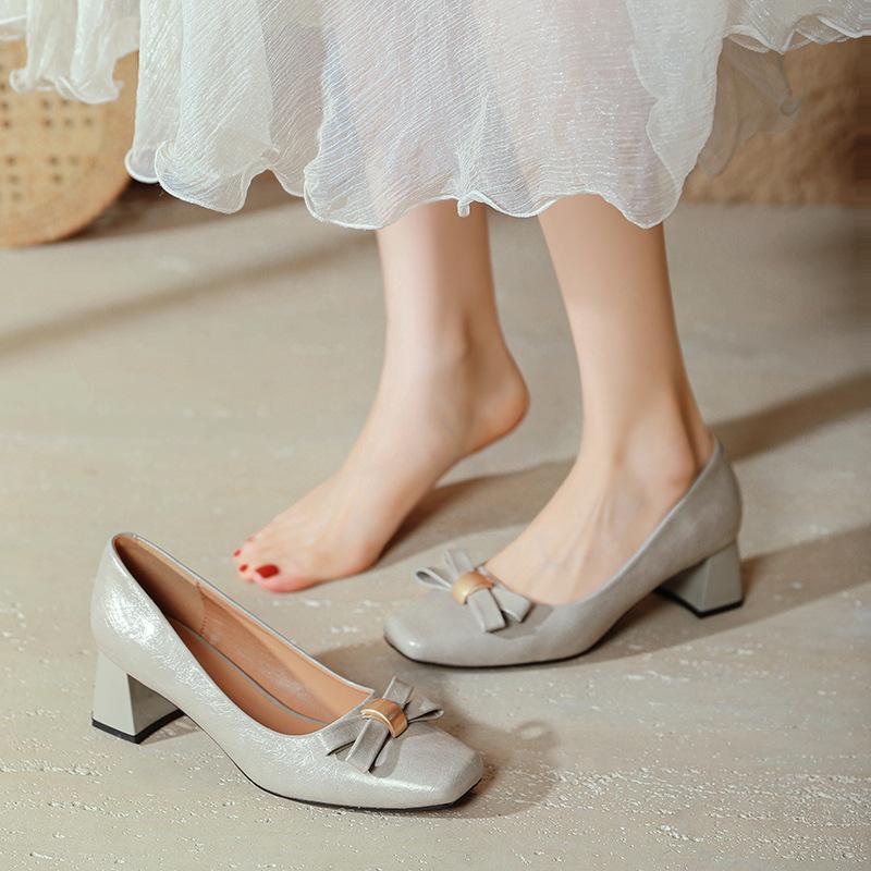 Square head high heels thick heel shallow mouth single shoes 2025 spring new large size women's shoes bow French medium heel shoes