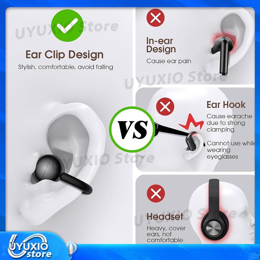 Clip on Wireless Earphone BT 5.4 OWS Earbuds with 72H Play Time Long-Battery Life Ear Buds IP56 Waterproof Headphone for