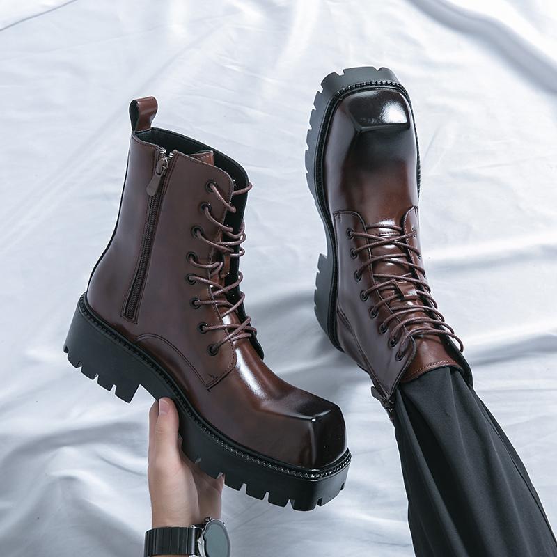Korean Version Men's Classic Thick Soled Non Slip Comfortable High Top Boots Autumn Lace Up Business Casual Leather Boot