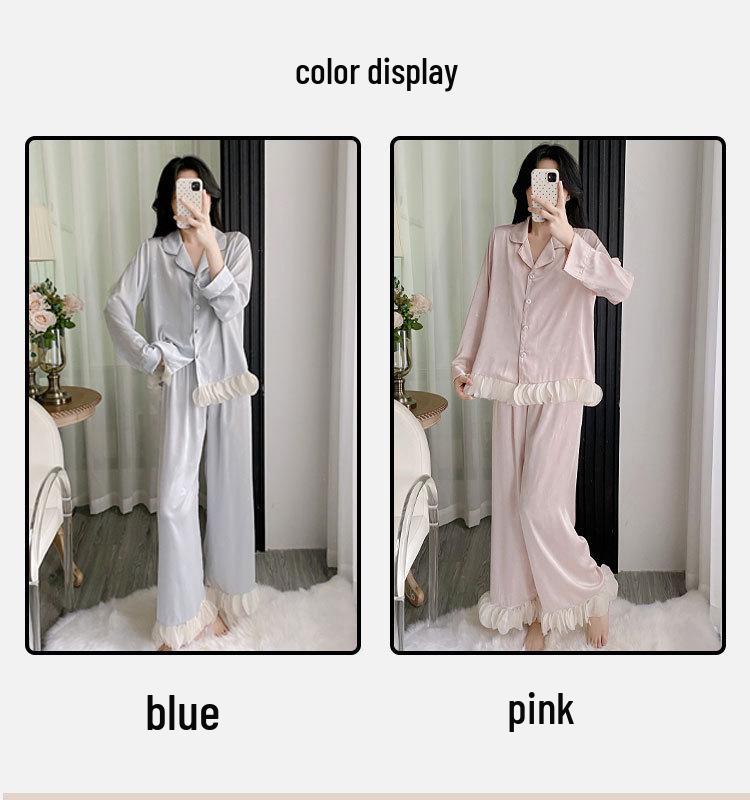 Ice Silk Pajama Set - Women's Long Sleeve & Pants with Lace, Sweet Style, Wearable Outdoors, 2025 Collection