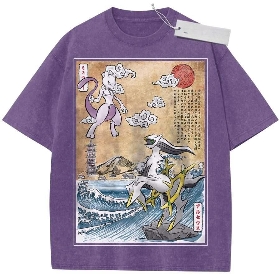 T Shirt Sports T Shirt Short Sleeve T Shirt Multi Color Unisex Pure Cotton Washed Vintage Pokemon Mewtwo and Arceus Japanese