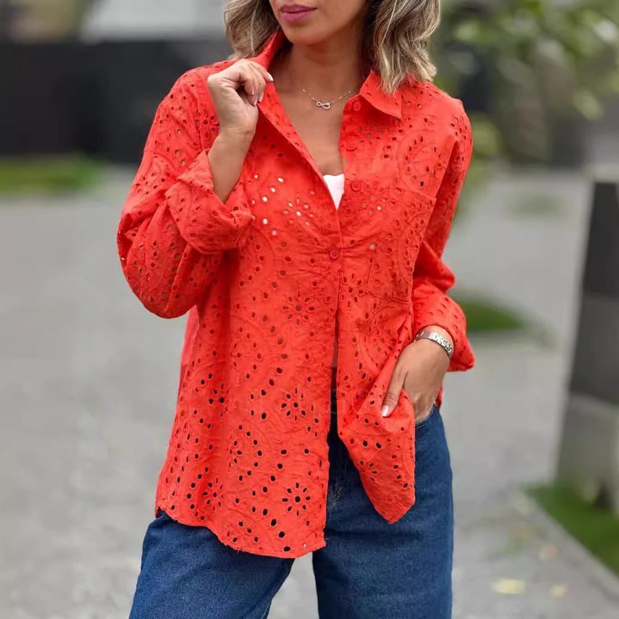 Spring/Autumn Season Pure Color Shirt Collar Loose Embroidery Hollow Large Size Women's Shirt Top