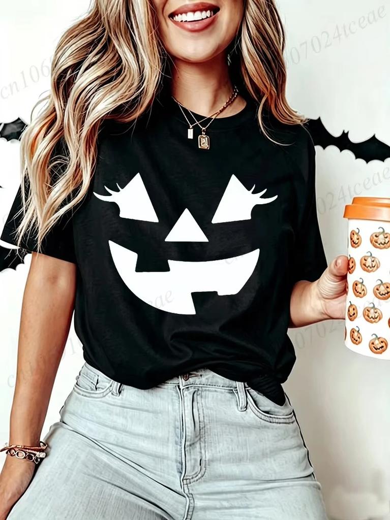 Funny Evil Pumpkin Face Halloween Women Tees Funny Spooky Season Tshirt Female Clothes Short Sleeve Tops Fashion Graphic Shirt