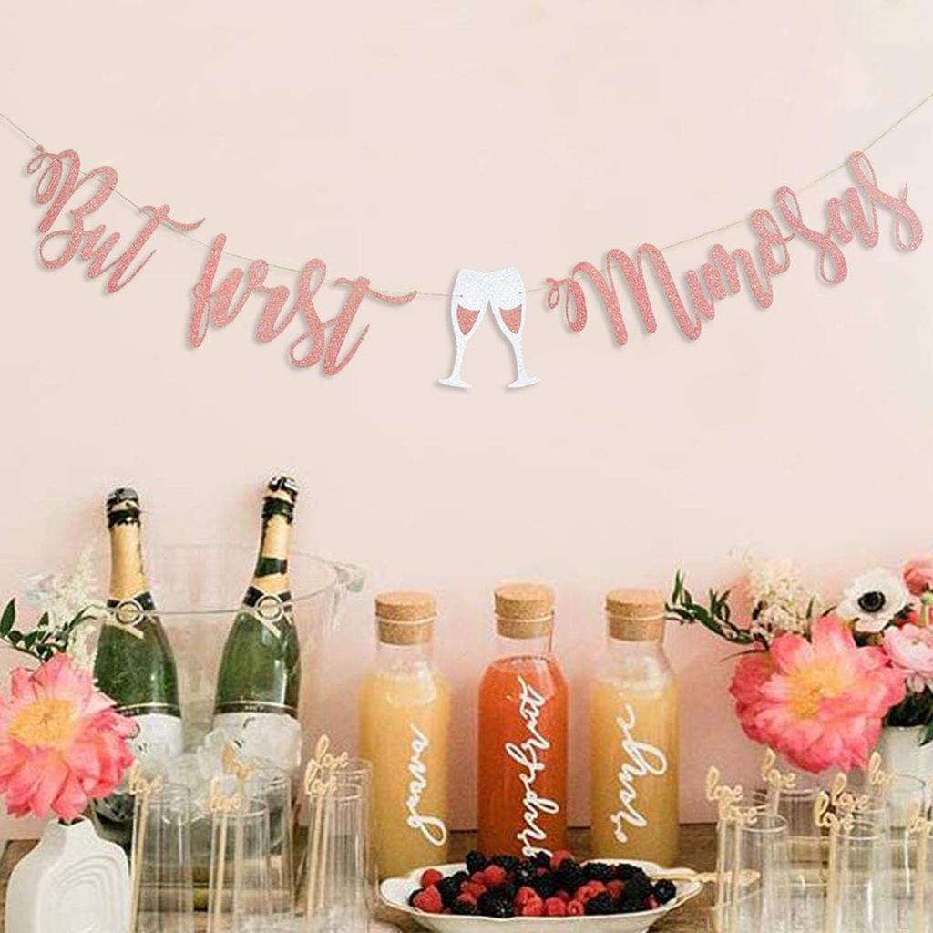 Mimosa Bar Sign But First Mimosas Rose Gold Banner, Decorations for Bridal Shower Baby Shower Bachelorette Party Engagement Wedding Graduation Fiesta
