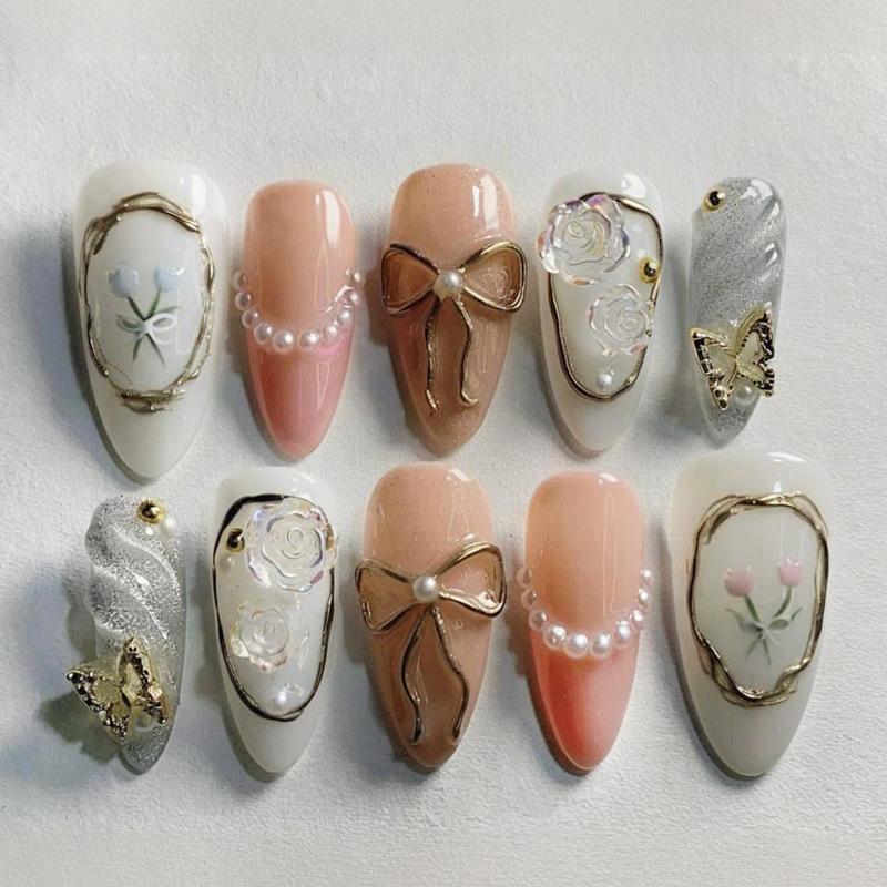 24PCS Aurora Glossy Pink Blush French Press on Nails Sweet Cool Bow Star with Cute 3D Heart Pearl Fake Nails Almond False Nails