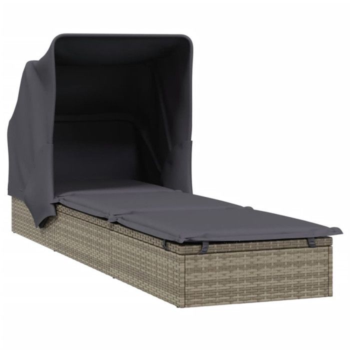 VidaXL Transat avec toit pliable gris 213x63x97 cm résine tressée, chaise longue, chaise longue d'extérieur, lit de salon, 319639
