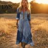 Summer Dress Women Denim Print Maxi for Women, Casual Long Sleeve V Neck Dress, Loose A-line Flowy Vacation with Deep Neckline