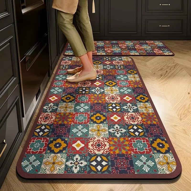 Carpet for Kitchen Set Non-slip Oil-proof Floor Mat Pvc Leather Waterproof Foot Mats American Vintage Decoration Long Strip Rug