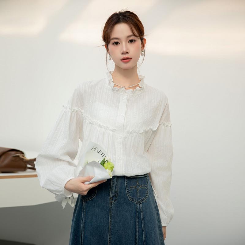 Women's White Long Sleeve French Sweet Ruffled Collar Shirt - 2026 Spring/Autumn Solid Color Fashion