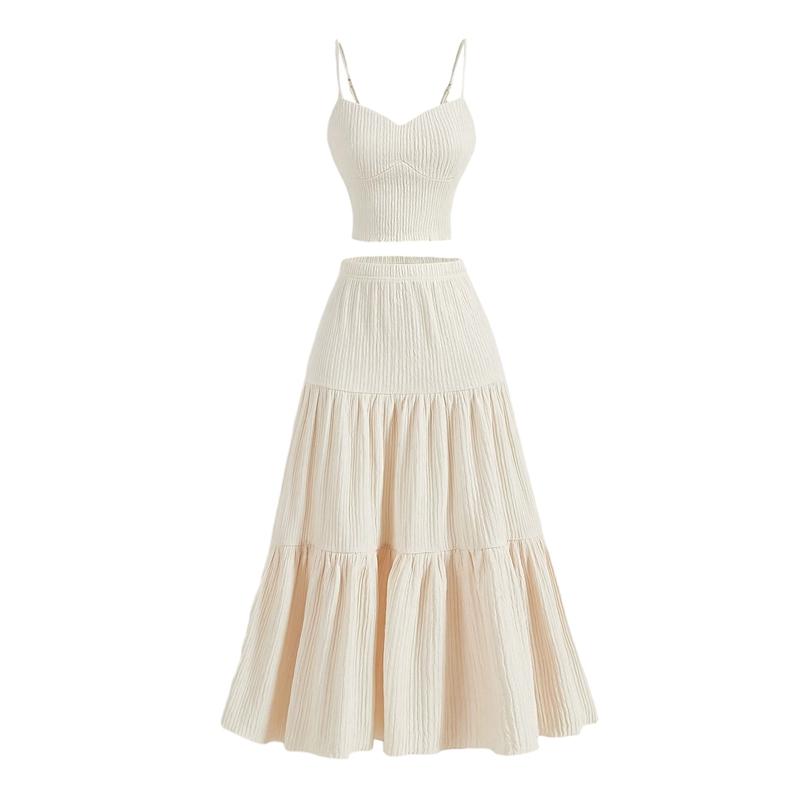 Women Solid Color Dress Set Camisole Top and A-line Long Skirt