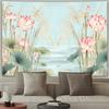 Lotus Flower Tapestry, Watercolor Print with Pink Lotus & Green Leaves, Light Blue Background Wall Hanging for Bedroom, Calming