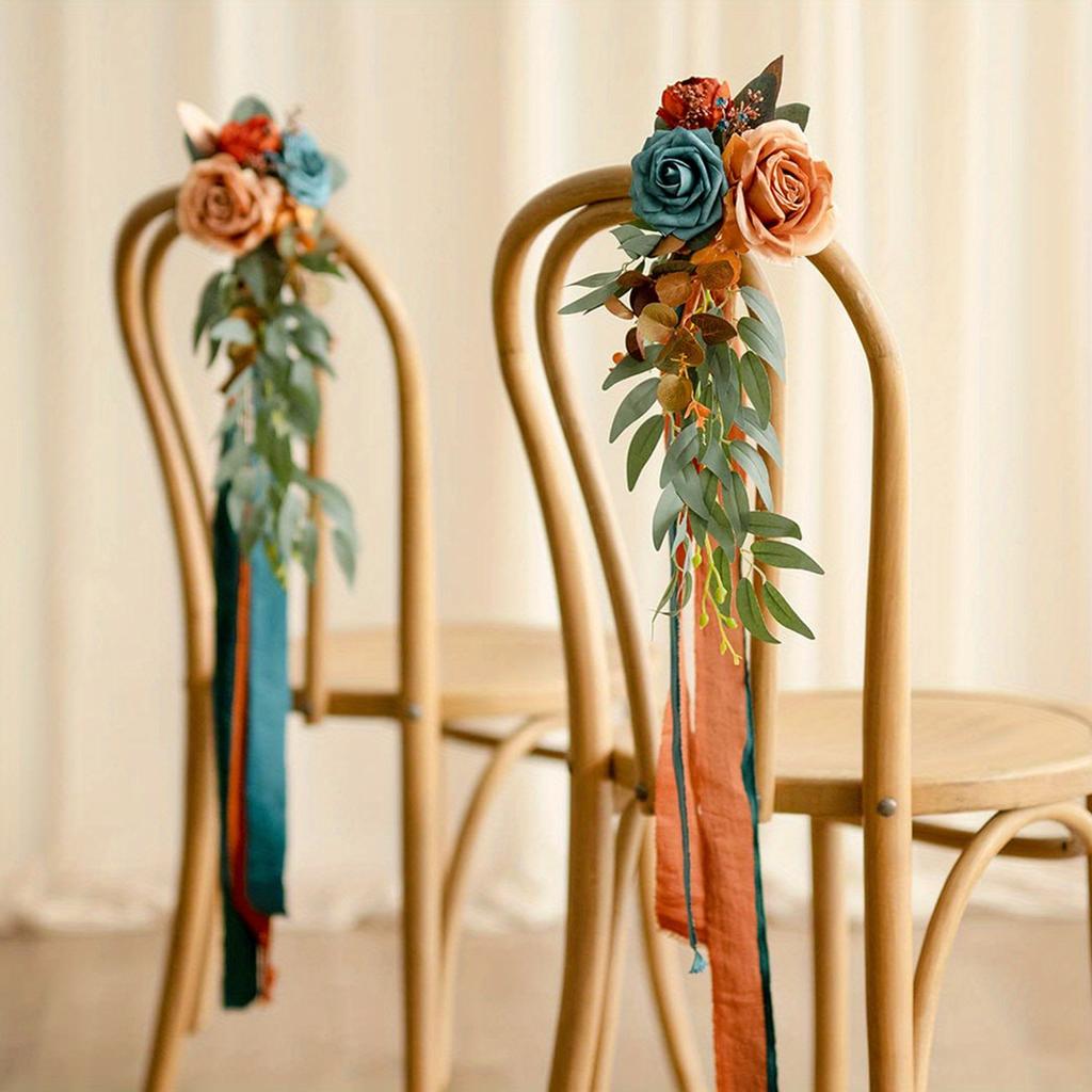 2pcs Burnt Orange Wedding Artificial Aisle Pew Flowers Chair Decorations Arrangements with Chiffon Ribbons for Ceremony Chair Back Floral Decor