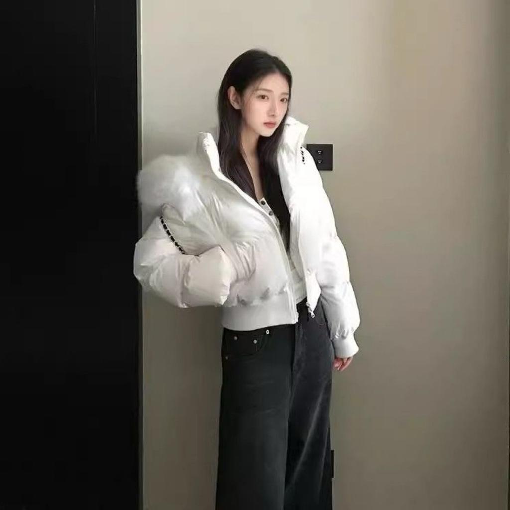 Women's Dark Blue Short Puffer Jacket with Big Fur Collar