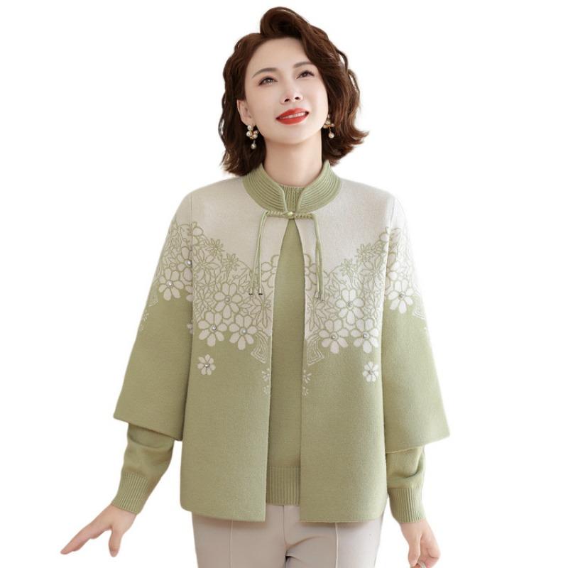 New Chinese women's spring and autumn inner with autumn and winter sweater bottoming shirt mother's autumn suit knitted cardigan two-piece set
