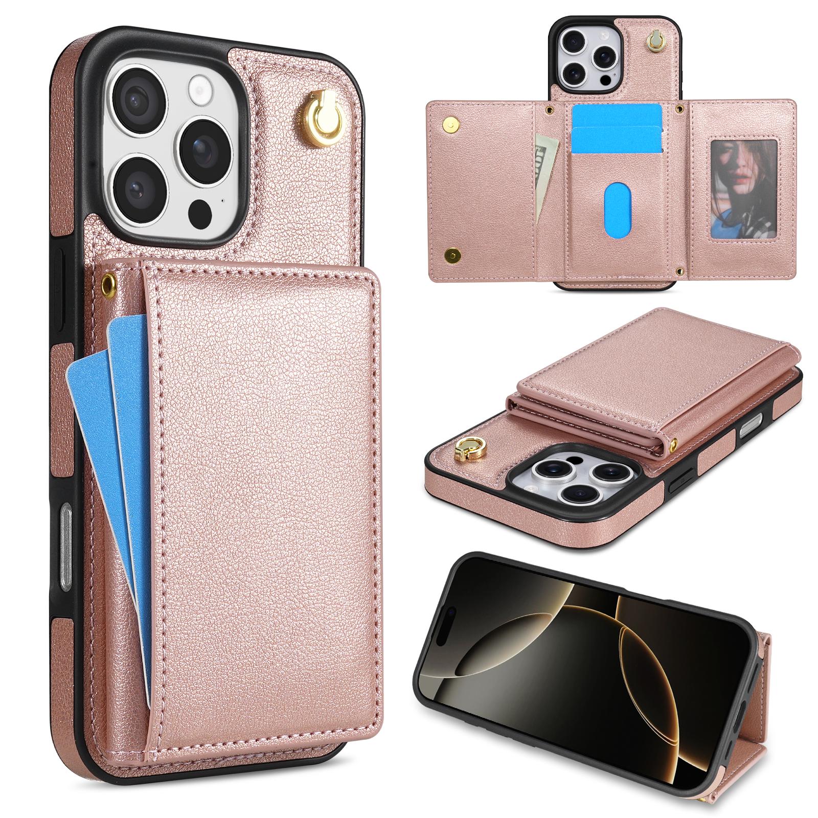 

BKS-003 For iPhone 16 Pro Max Case Tri-Fold Card Holder Kickstand TPU+Leather Back Cover with Shoulder Strap C