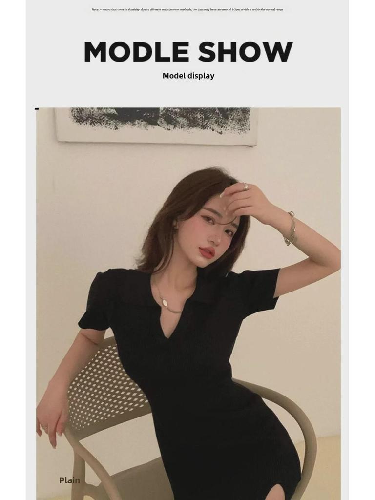 Sexy Black Slim Fit V-Neck Slit Dress - Summer Short Skirt