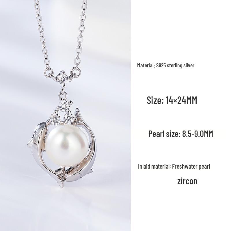 Dolphin Love Freshwater Pearl Necklace - 925 Sterling Silver, Elegant Women s Clavicle Chain 925 Sterling Silver