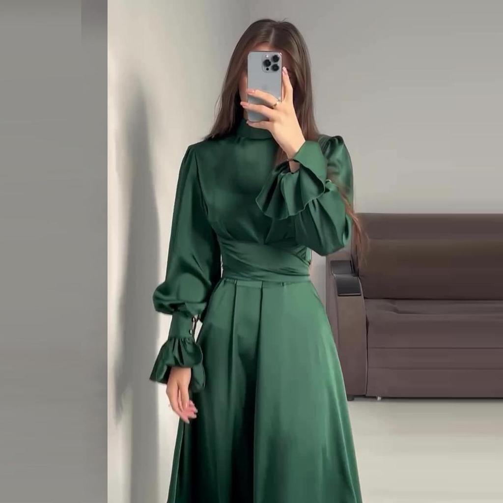 Qooth Elegant Ruffled Bandage Maxi Dress For Women Slim Lace-Up Solid Vintage Evening Partywear Ladies Long Dress