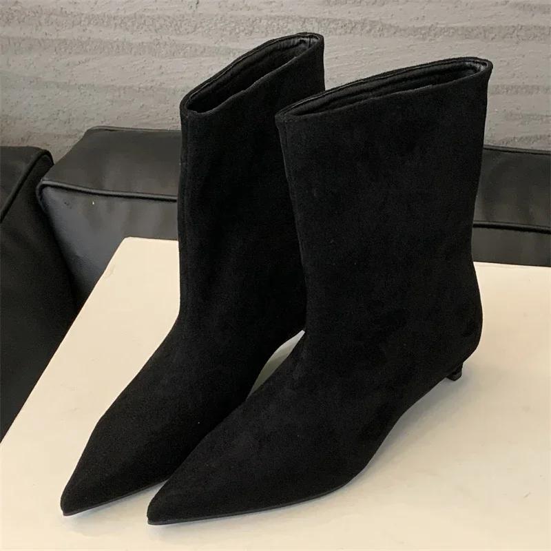 Vintage Faux Suede Pointed Toe Ankle Boots for Women Fashion Thin Low Heel Non-slip Warm Winter Modern Short Boots Botas Mujer