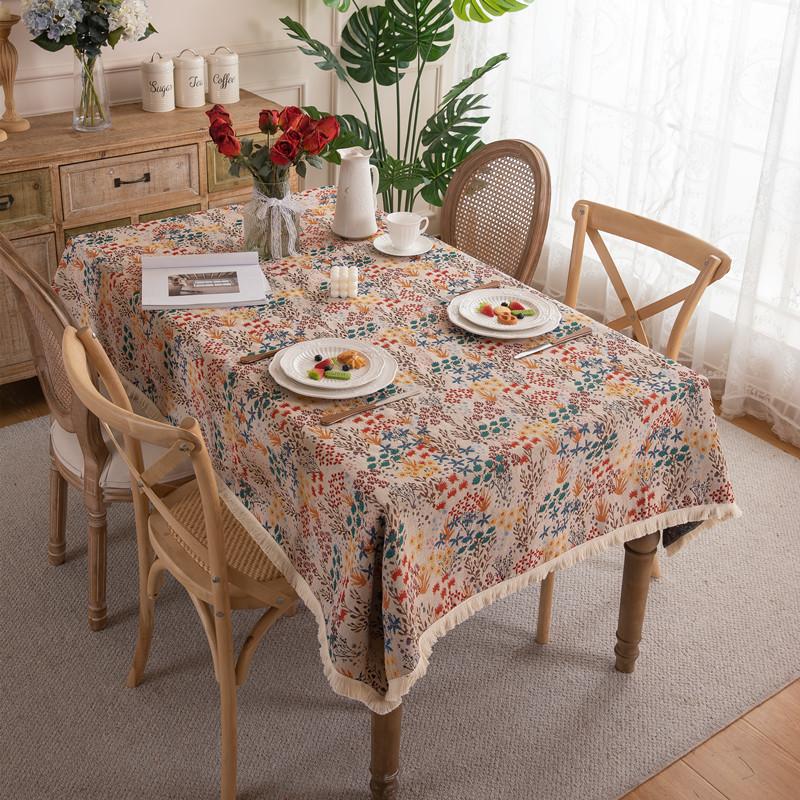 American Retro Polyester Cotton Color Woven Jacquard Magpie Flower Plant Fringed Tablecloth Rectangular Coffee Table Tablecloth Dining Table Cloth