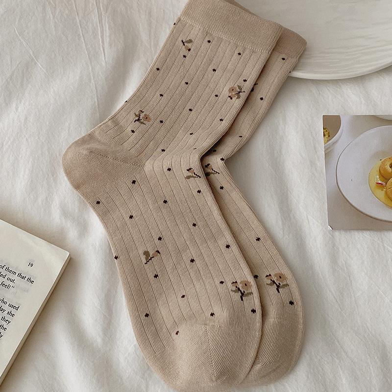 

Свежие и нежные носки с цветочным принтом, женские ретро носки до середины икры, весенне-осенние тонкие махровые носки, влагоотводящие бесшовные носки 1 pair хаки