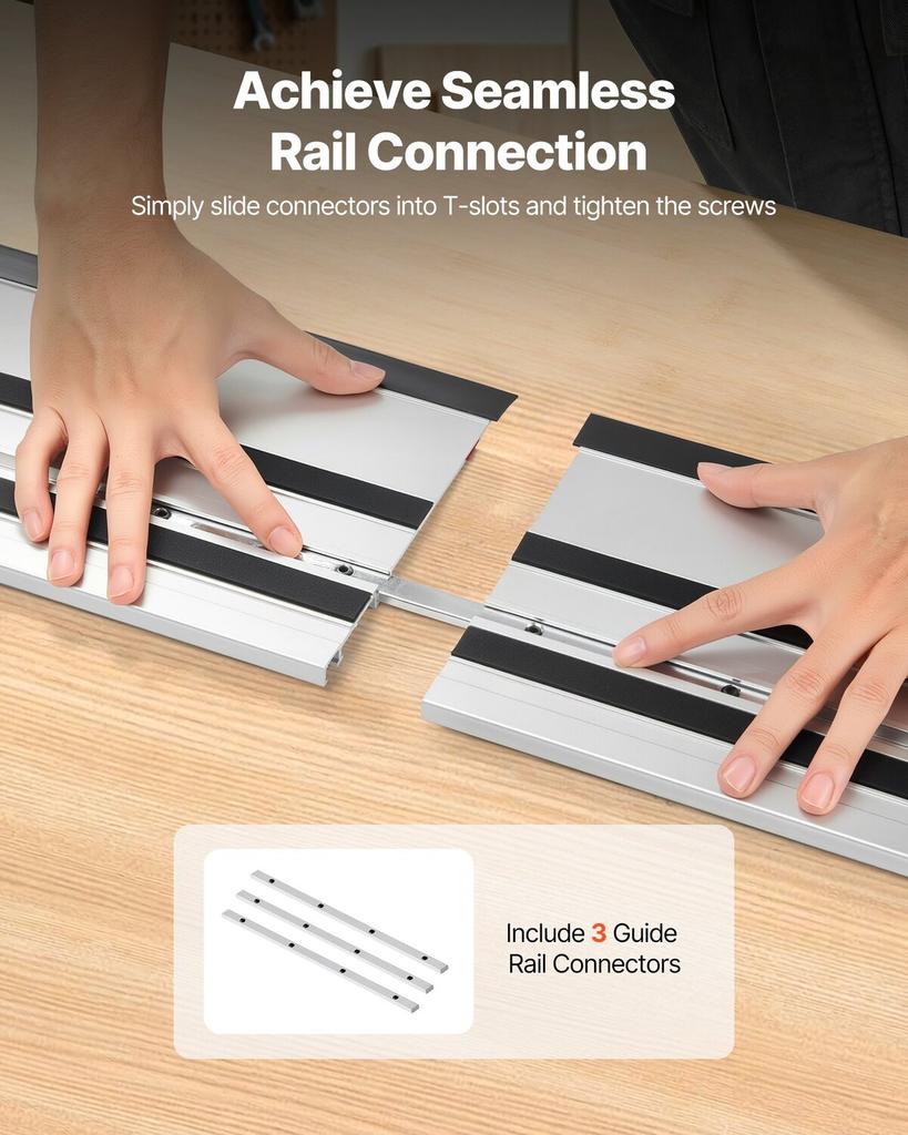 Track Saw Guide Rail, 2794 mm Cutting Range, Kit Includes 2 x 698.5 mm Aluminum Extruded Guide Rails and 3 Connectors, Compatible with Makita, Festool