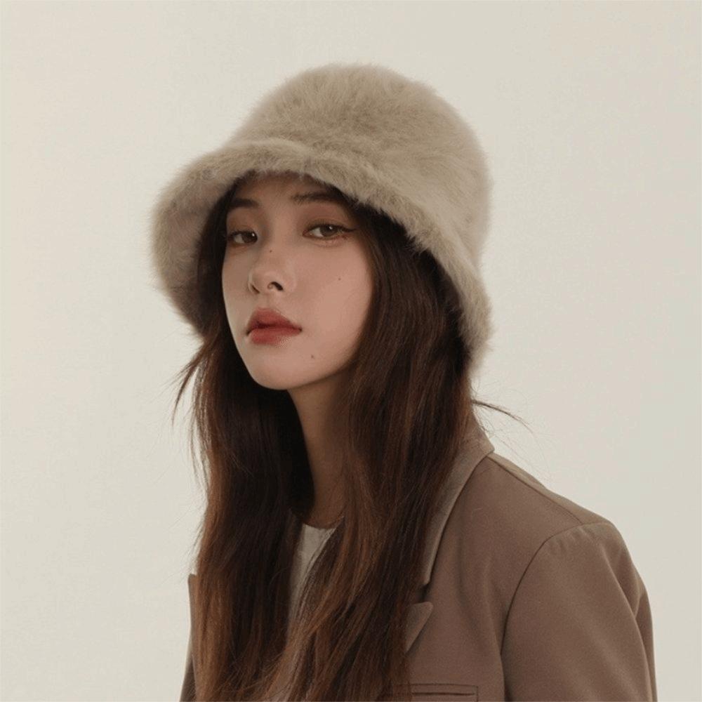 Furry Winter Fisherman Hat Knitted Anti-cold Bucket Hat Temperament Plush Bucket Cap  Outdoor
