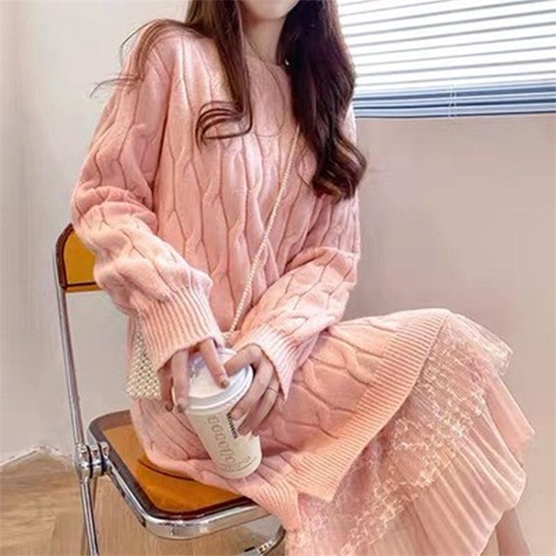 Gentle wind splicing fake two-piece sweater skirt women's autumn and winter twist loose base medium and long a-word dress