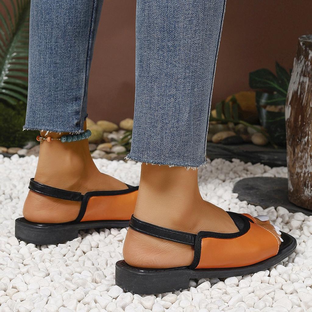 Sandale Plate Mărimi Mari pentru Femei, Vârf Pătrat, Casual, Elastic la Spate, Sandale Romane