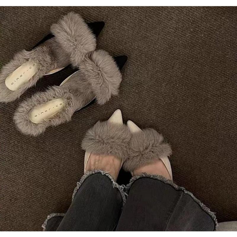 Damen High Heels Pelz Hausschuhe Pantoletten Spitzschuh Pelzige Slides Mode Elegante Luxus Designer Flip Flops Büro Pumps