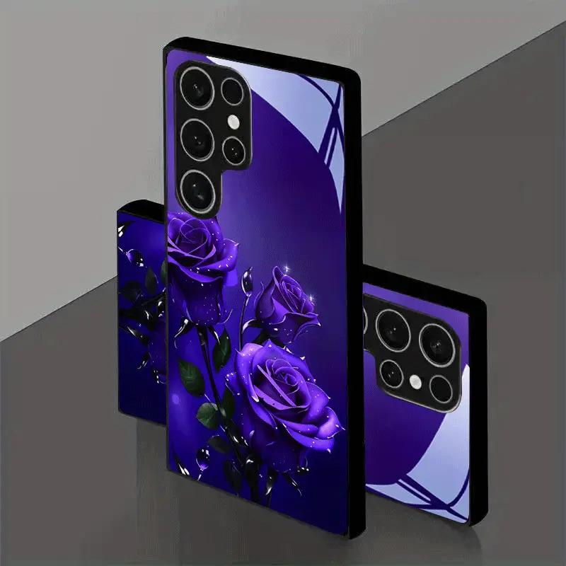 Purple rose pattern black tempered glass phone case suitable for Samsung Galaxy S26 S25 S24 S22 S21 S20 FE/Ultra/Plus anti-fall
