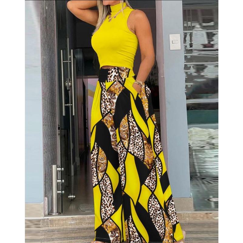 

YYFS Женская Мода Повседневный Летний Весенний Принт в Стиле Колорблок Без Рукавов Высокий Воротник Брюки Костюмы XXXL