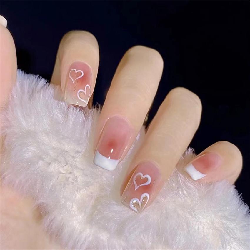 24Pcs Red Sweetheart White Checkerboard Press On Nails Removable Fake Nail Tips Art Acrylic Manicure