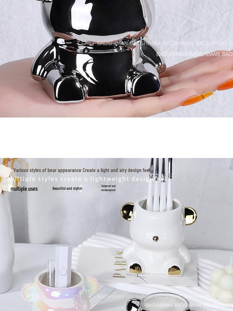 Trendy Bear Pen & Brush Holder with Sandpaper Storage for Manicure Tools – Desktop Organizer & Photo Prop