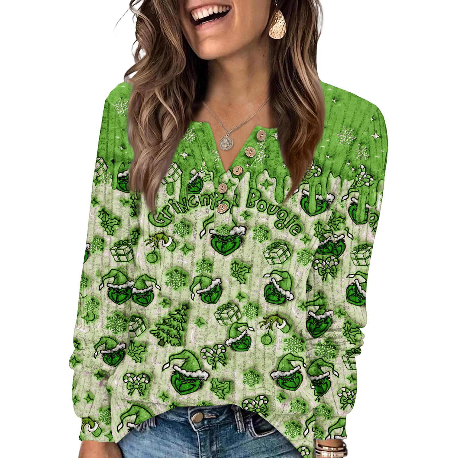 

Женская модная футболка с V-образным вырезом на пуговицах с рождественским принтом, топ с длинными рукавами M зелёный